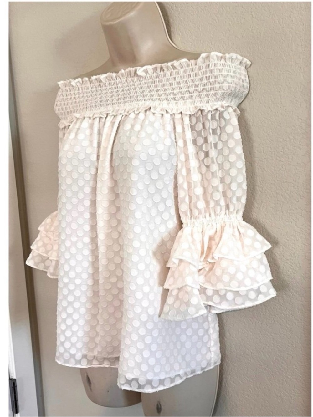 CeCe Ivory Smocked Ruffle Neck Blouse with Tiered Sleeve Ruffles - Picture 3 of 7